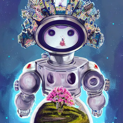 Image similar to On the morning of the robot queen's coronation, The Mekanik Doll, chubby moss kitten, Mount Fuji seen from the International Space Station, the theme of Alice in Wonderland, digital painting, concept art, illustration, deep dark, artstation, intricate, beautiful and thematically complex, ue5, by Dylan Kowalski and deiv calviz