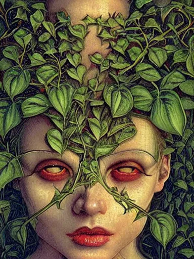 Image similar to The Hanging-Gardens of Pareidolia, lobelia, ivy, verbena and pothos growing facial features and optical-illusions, aesthetic!!!!!!!!!!, by Gerald Brom in the style of Johfra Bosschart in the style of,