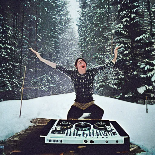 Prompt: dj in a forest snow falling it is christmas photo analog 1 9 8 0 s