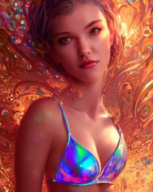 Image similar to cute woman wearing shiny plastic bikini inside an ornate bottle of iridescent liquid, alchemy, intricate, bloom, detailed, volumetric lighting, sharp focus, photorealism, digital painting, highly detailed, concept art, by by artgerm and wlop