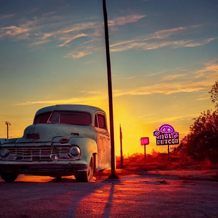 Image similar to a sunset light landscape with historical route 6 6, lots of sparkling details and sun ray ’ s, blinding backlight, smoke, volumetric lighting, colorful, octane, 3 5 mm, abandoned gas station, old rusty pickup - truck, beautiful epic colored reflections, very colorful heavenly, softlight