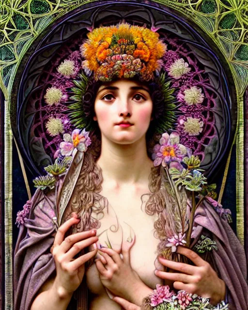 Image similar to hyperrealistic detailed portrait of a beautiful young goddess with an intricate headgear morphing into a gothic cathedral, authentic ornamental architecture, flowers, art by ernst haeckel, john william godward, android jones, alphonso mucha, h. r. giger, gothic, neo - gothic, ornamental, beautiful deep colours,