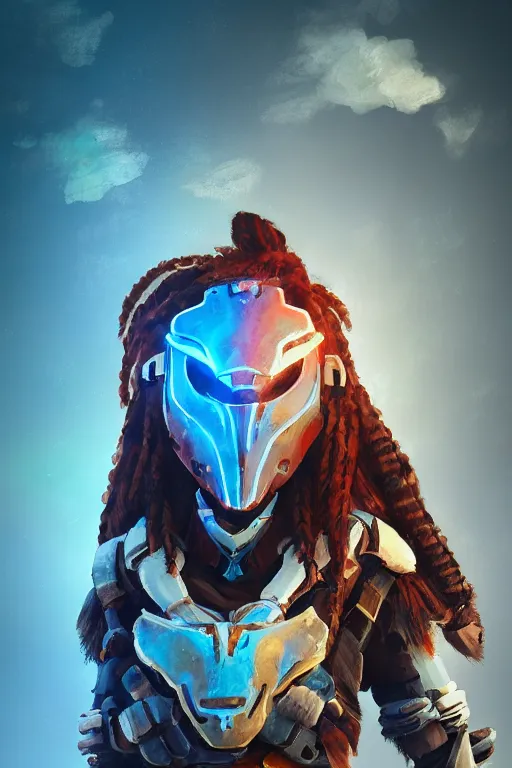 Image similar to combination suit armor aloy horizon forbidden west horizon zero dawn radiating a glowing aura global illumination ray tracing hdr fanart arstation by ian pesty and alena aenami artworks in 4 k tribal robot ninja mask helmet backpack