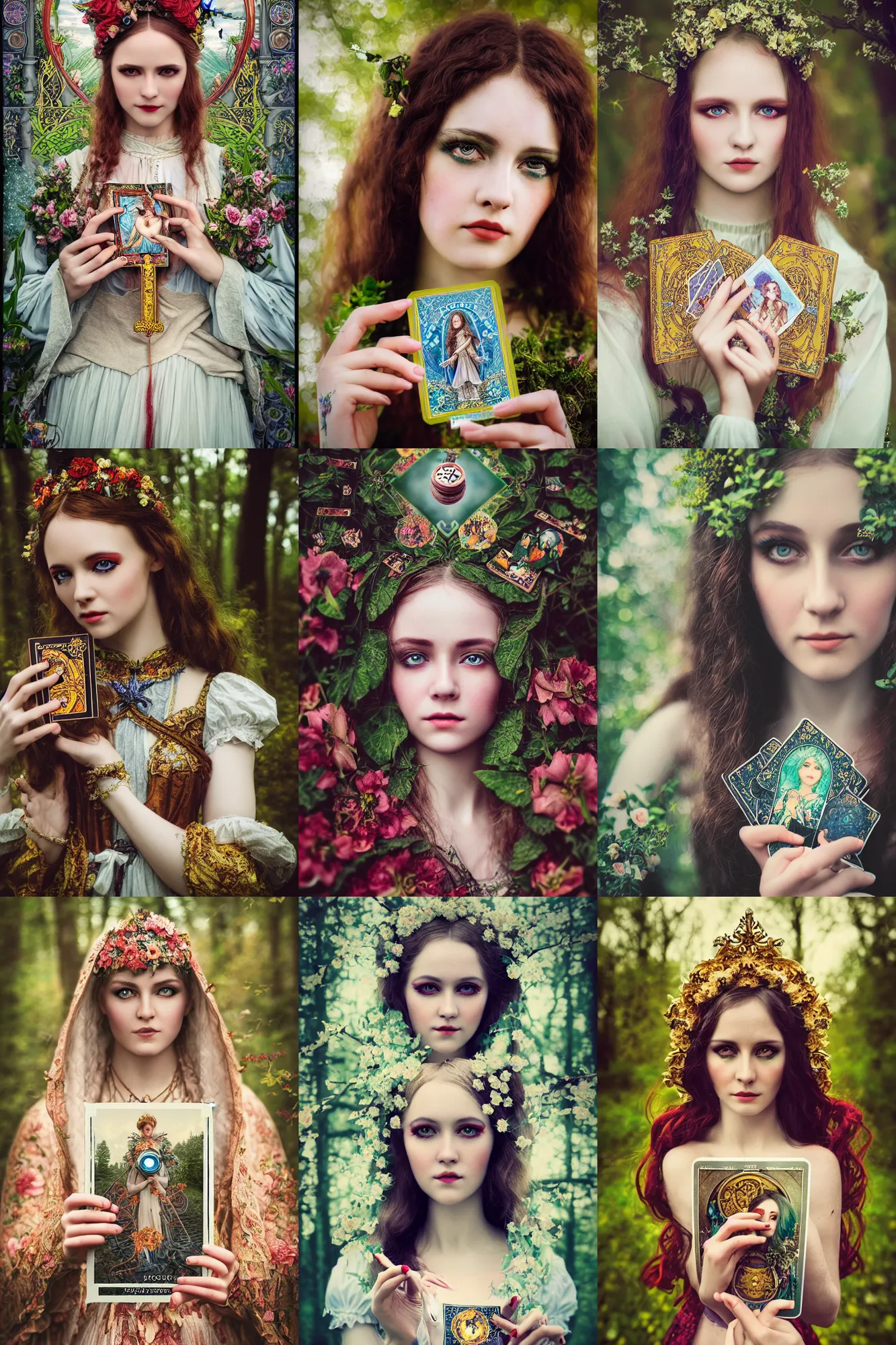 Prompt: Kodak Portra 400, 8K, highly detailed, major arcana art nouveau Agnieszka Lorek tarot style 3/4 extreme closeup portrait card, eye contact, focus on model, tilt shift background: famous major arcana tarot remake, transformation scene