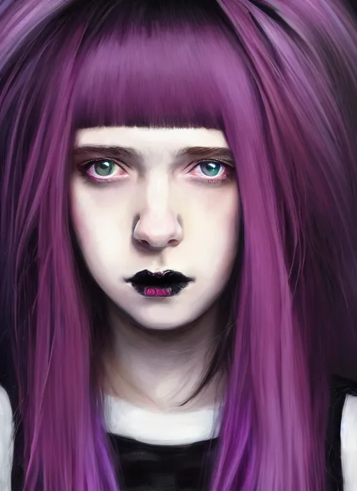 Image similar to portrait of white teenage girl named shrill prisston, normal face, black bangs, mall goth, cyberlox, black hair white bangs, fluffy bangs, red irises, purple hairband, intricate, elegant, highly detailed, digital painting, artstation, concept art, sharp focus, smooth, illustration, art by wlop, mars ravelo and greg rutkowski