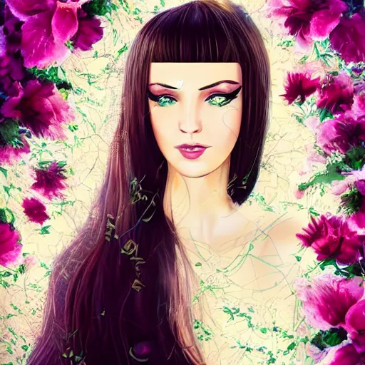 Image similar to long hair brunette woman green eyes bangs flowing white dress art deco gold blue flowers fantasy