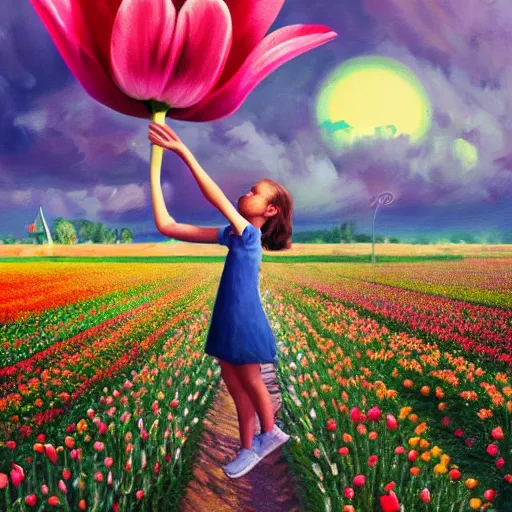 Image similar to girl with a single giant tulip as a head, surreal photography, flower field, sunset dramatic light, impressionist painting, colorful clouds, blue sky, digital painting, artstation, simon stalenhag