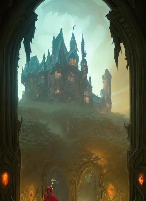 Image similar to a haunted castle, deep focus, d & d, fantasy, intricate, elegant, highly detailed, digital painting, artstation, concept art, matte, sharp focus, illustration, hearthstone, art by artgerm and greg rutkowski and alphonse mucha