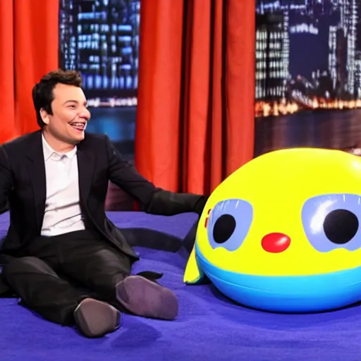 Prompt: jimmy Fallon interviewing a inflatable pool toy