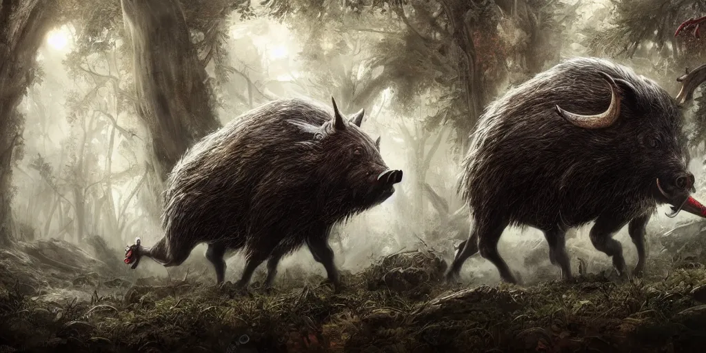 Image similar to giant monstrous wild boar with red eyes and many tusks, in dark woods, dim colors, forest, highly detailed illustration, masterpiece, fantasy, magical, hyperdetailed, realistic, witch fairytale, 4 k, 8 k, highly detailed matte painting, dungeons and dragons