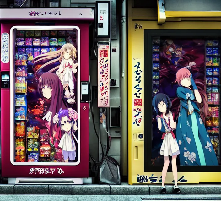 Image similar to Two beautiful anime girls, standing in front of a vending machine outside of a Japanese convenience store, in narrow Tokyo alleyway, gorgeous sunlight and shadows, D&D, fantasy, highly detailed, digital painting, artstation, concept art, sharp focus, illustration, in style of GUWEIZ and WLOP and NIXEU and Craig Mullins, Production I.G.