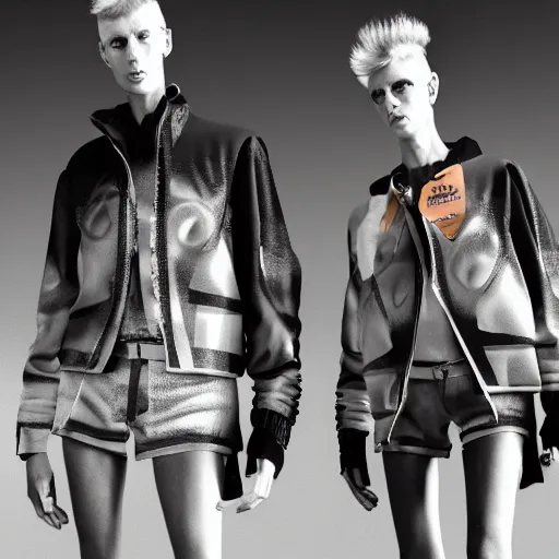 Prompt: isabel marant spring summer streetwear collection, fashion show, in the style of grand chamaco and pedro conti and stanley kubrick, inspired by die antwoord, photorealistic, epic, super technical, 3 d render