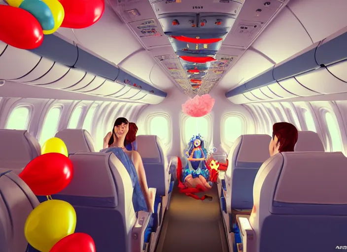 Image similar to boeing 737 cabin, many rich people, birthday party, party hats, string of balloons, one big birthday cake, realistic, insanely detailed, wide angle, Unreal 5 engine, trending on artstation, by Huang Guangjian and Gil Elvgren and Sachin Teng