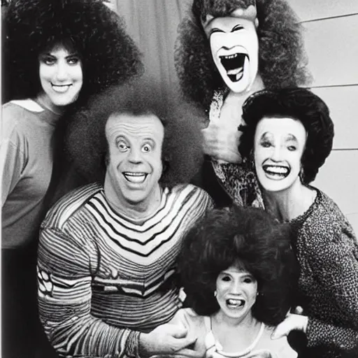 Prompt: vintage 1 9 8 0's sitcom publicity photo, a happy photogenic family and richard simmons as a horrifying angry detailed monstrous demon creature inside a 1 9 8 0's sitcom living room