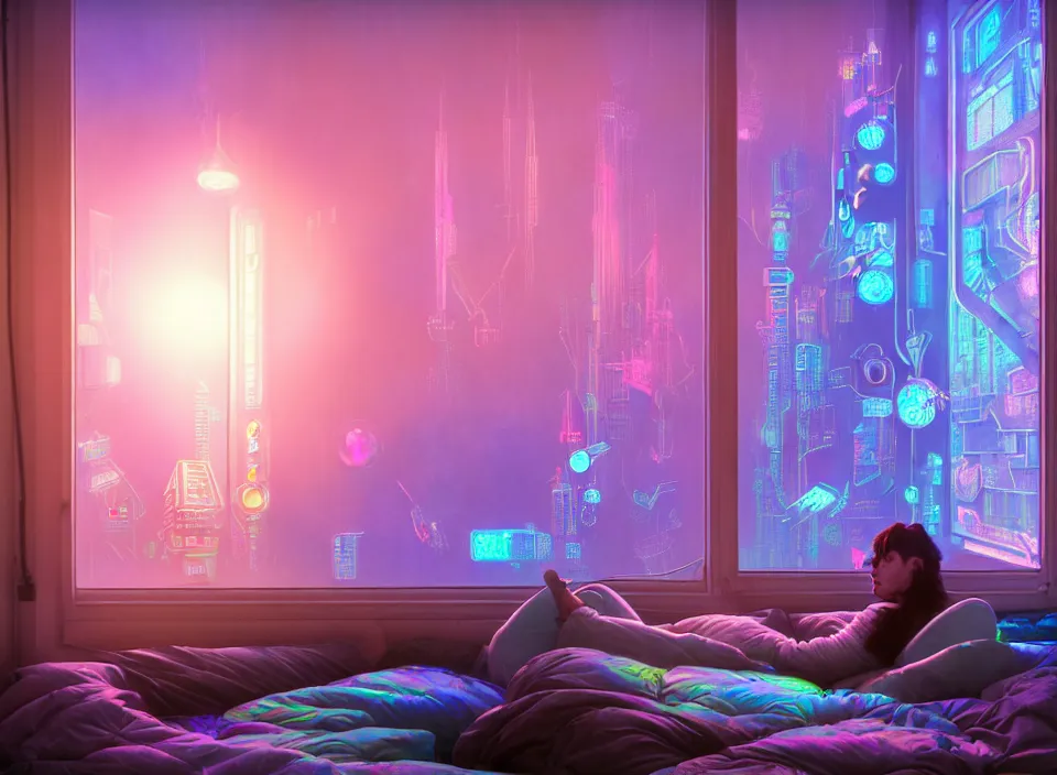 Image similar to telephoto photograph depicting the experience of acceptance in a cosy cluttered french sci - fi ( art nouveau ) cyberpunk apartment in a pastel dreamstate art cinema style. ( iridescent terrarium!, computer screens, window ( city ), leds, lamp, ( ( ( terrarium bed ) ) ) ), ambient light.