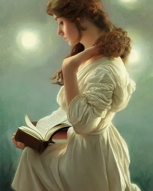 Prompt: a girl reading a book, her hair flowing down, beautiful face, oil on canvas, artstation, by j. c. leyendecker and edmund blair leighton and charlie bowater, beautiful face, octane, very aesthetic!!!!!!!!!!!!!!! stunning gorgeous green eyes