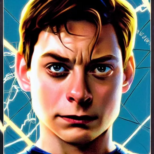 Prompt: peter parker, toby maguire, poster by drew struzan