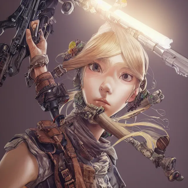 Image similar to the portrait of lawful neutral semi - colorful female infantry gunner as absurdly beautiful, gorgeous, elegant, young anime woman, an ultrafine hyperdetailed illustration by kim jung gi, irakli nadar, intricate linework, bright colors, octopath traveler, final fantasy, unreal engine 5 highly rendered, global illumination, radiant light, detailed and intricate environment