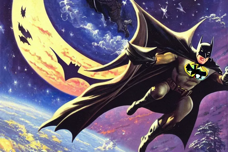 Prompt: thomas kinkade painting of batman in outerspace