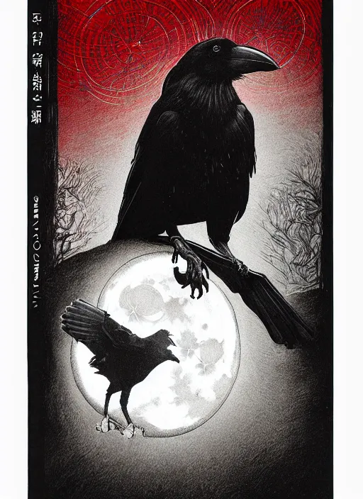 Image similar to portrait, A crow in front of the full big moon, book cover, red white and black colors, establishing shot, extremly high detail, foto realistic, cinematic lighting, pen and ink, intricate line drawings, by Yoshitaka Amano, Ruan Jia, Kentaro Miura, Artgerm, post processed, concept art, artstation, matte painting, style by eddie mendoza, raphael lacoste, alex ross