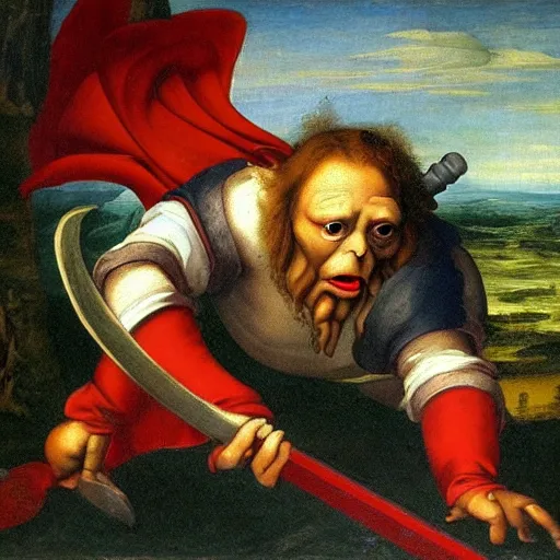 Image similar to Renaissance painting of goblin with red eyes raging rusty sword