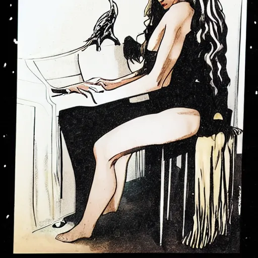 Image similar to mazikeen from sandman sitting on a piano