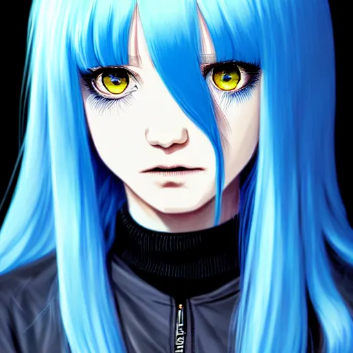 Image similar to full face shot of rimuru tempest, sky blue straight hair, long bangs, with amber eyes, wearing a black jacket, high collar, ultra detailed, concept art, award winning photography, digital painting, cinematic, wlop artstation, closeup, pixiv, evil, yoshitaka amano, andy warhol, ilya kuvshinov,