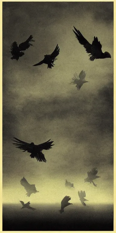 Prompt: the ascent of the crows, album cover, fever!!!, album art, serene, muted tones, hd