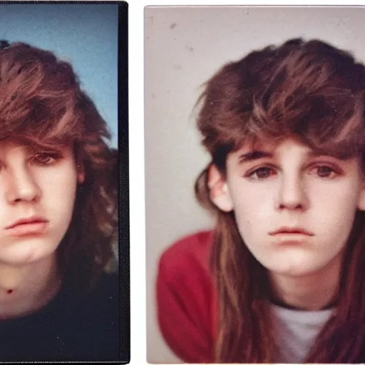 Prompt: potrait of French teenagers in the 80's, flash color polaroid, detailed realistic faces