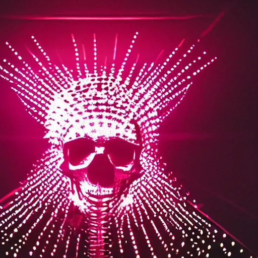 Image similar to a disco skull full of long spikes, reflecting light in a nightclub, grainy film photograph