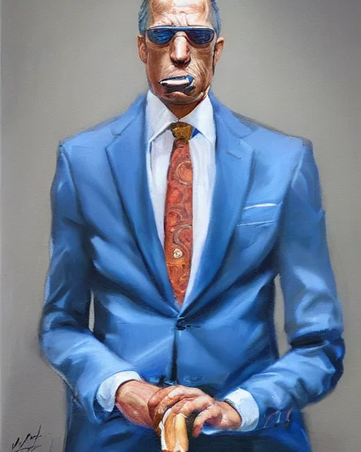Image similar to Hyper realistic oil portrait of a man in his thirties smoking a cigar, dressed in a blue suit, by Mosh Art, trending on artstation