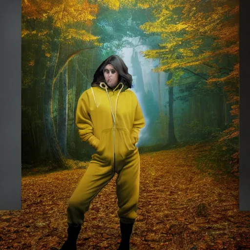 Image similar to Big wall poster artwork of forest by Michael Whelan, Rendering of a dead woman wearing yellow velor sweat suit and dirty heavily worn white keds slip on tennis shoe with toes pointing up covered by dark colored leaves and twigs from the calf and up, Matte painting, trending on artstation and unreal engine