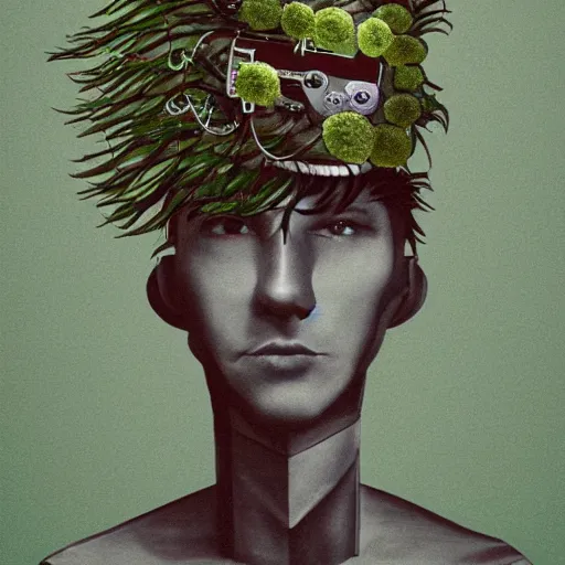 Prompt: a portrait of a robot, having a plant on his head, style of dang my linh