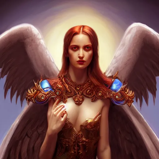 Image similar to angel with wings, mid-shot, fantasy, medieval, vivid colors, elegant, concept art, sharp focus, beautiful face, digital art, Hyper-realistic, 4K, Unreal Engine, Highly Detailed, HD, Dramatic Lighting by Brom, trending on Artstation