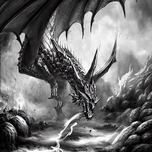 Image similar to dragon slayer in the style of kentaro miura, 4 k, 8 k, absolute detail of even the smallest details and particles, beautiful shadows, beautiful art, black and white drawing, high rendering of the details of the environment, faces and characters