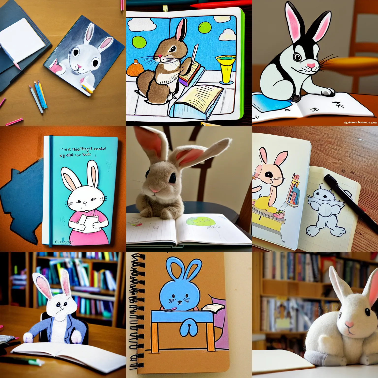 Prompt: a cute cartoon rabbit that is sitting on a chair and is writing on a notebook on a table, Children's Book Illustration, Gene Luen Yang