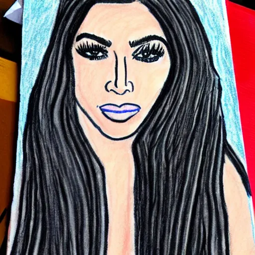 Image similar to Kim Kardashian, poorly drawn and colored in wax crayon by a five-year old