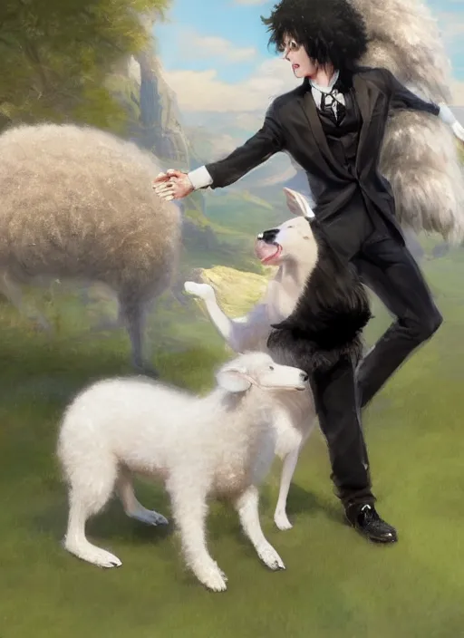 Image similar to wide shot painting of a male anthropomorphic border collie fursona dancing with a cute female anthropomorphic sheep fursona in a ballroom, beautiful, model pose, realistic proportions, highly detailed, scenic background, trending on artstation, art by charlie bowater and henry asencio and and ross tran