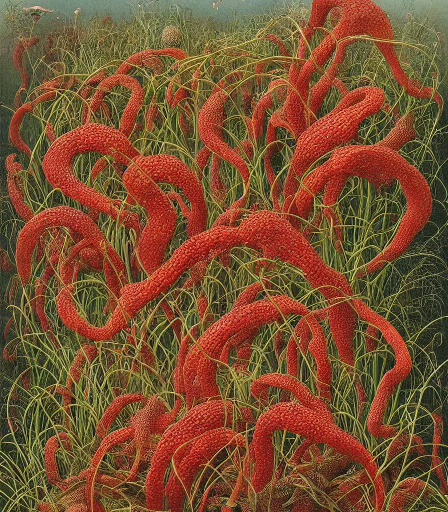 Prompt: Botanical illustration of Clathrus ruber Pleurotus in its native habitat by Haeckel and Beksinski, ultradetailed digital art, vivid color hues, insects and critters on mushrooms