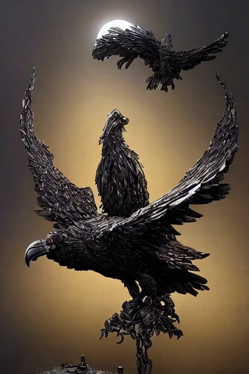 Prompt: Intricate stunning highly detailed raven by agostino arrivabene and Vladimir Kush, metal sculpture, ultra realistic, Horror, dramatic lighting, full moon, blood moon, thick black swirling smoke, volcanic smoke plume, burning fire embers