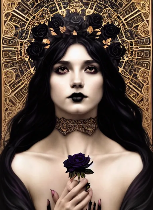 Image similar to perfectly detailed goth goddess of black rose flowers!! blessed by nature with ever - increasing physical mental perfection, symmetrical! intricate, sensual features, highly detailed, biblical divine holy perfection!! digital painting, artstation, concept art, smooth, sharp focus, illustration, art by artgerm and greg rutkowski and alphonse mucha