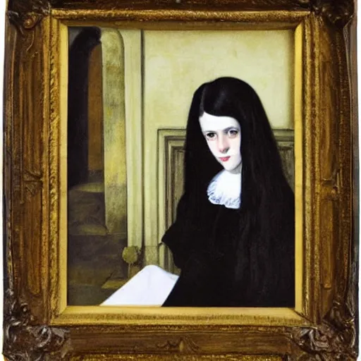 Prompt: a portrait of a gothic young women with long hair in a magical castle by currin, john