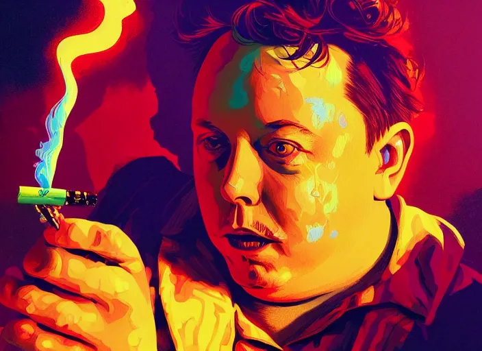 Prompt: A psychedelic portrait of fat fat fat elon musk smoking joint, vibrant color scheme, highly detailed, in the style of romanticism, cinematic, artstation, Moebius, Greg rutkowski