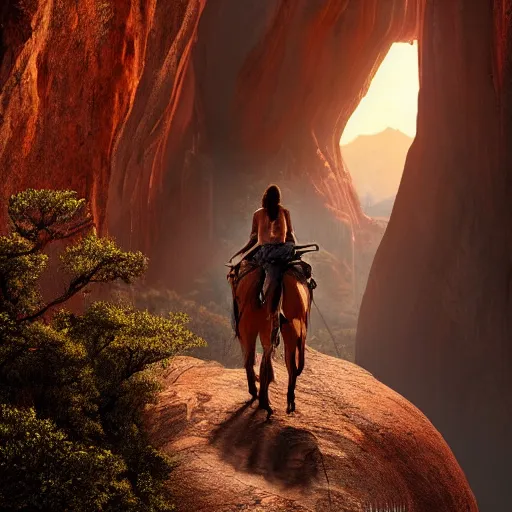 Image similar to spirit, from the spirit movie, with the girl lucky on his back riding next to a canyon into the sunset, movie poster, intricate detail, 8 k, trending on artstation, octane render