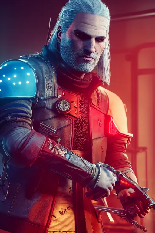 Prompt: geralt of rivia inside cyberpunk 2 0 7 7 with prosthetic blade arm dressed in cyberpunk clothes, medium shot, background is filled with neon lights and futuristic vehicles, trending on artstation, ultra realistic, 4 k