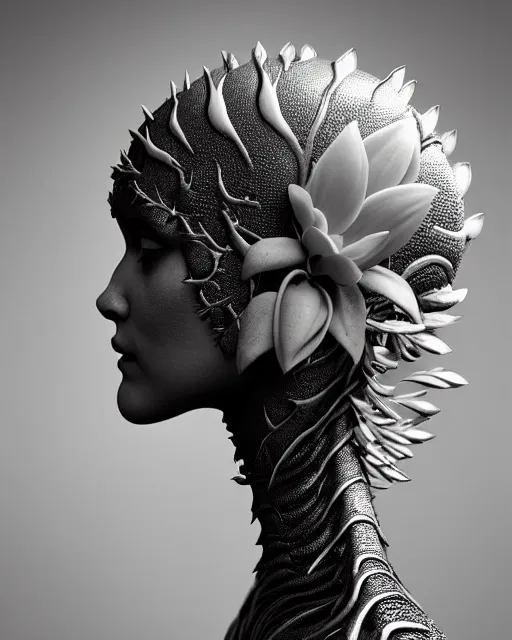 Image similar to bw close - up profile face, black background, beautiful porcelain vegetal dragon cyborg young female, 1 5 0 mm, beautiful natural soft rim light, silver gold details, magnolia leaves and stems, roots, fine lace, mandelbot fractal, elegant, ultra detailed, white metallic armour, octane render, h. r. giger style