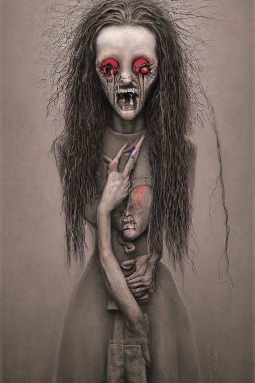 Image similar to surrealism crayon cartoon grunge of a creepy horror nurse girl . intricate artwork. nightmare fuel. terrifying. by zdzisław Beksiński, wlop, dan mumford , trending on artstation, greg rutkowski very coherent symmetrical artwork. cinematic, hyper realism, high detail, octane render, 8k