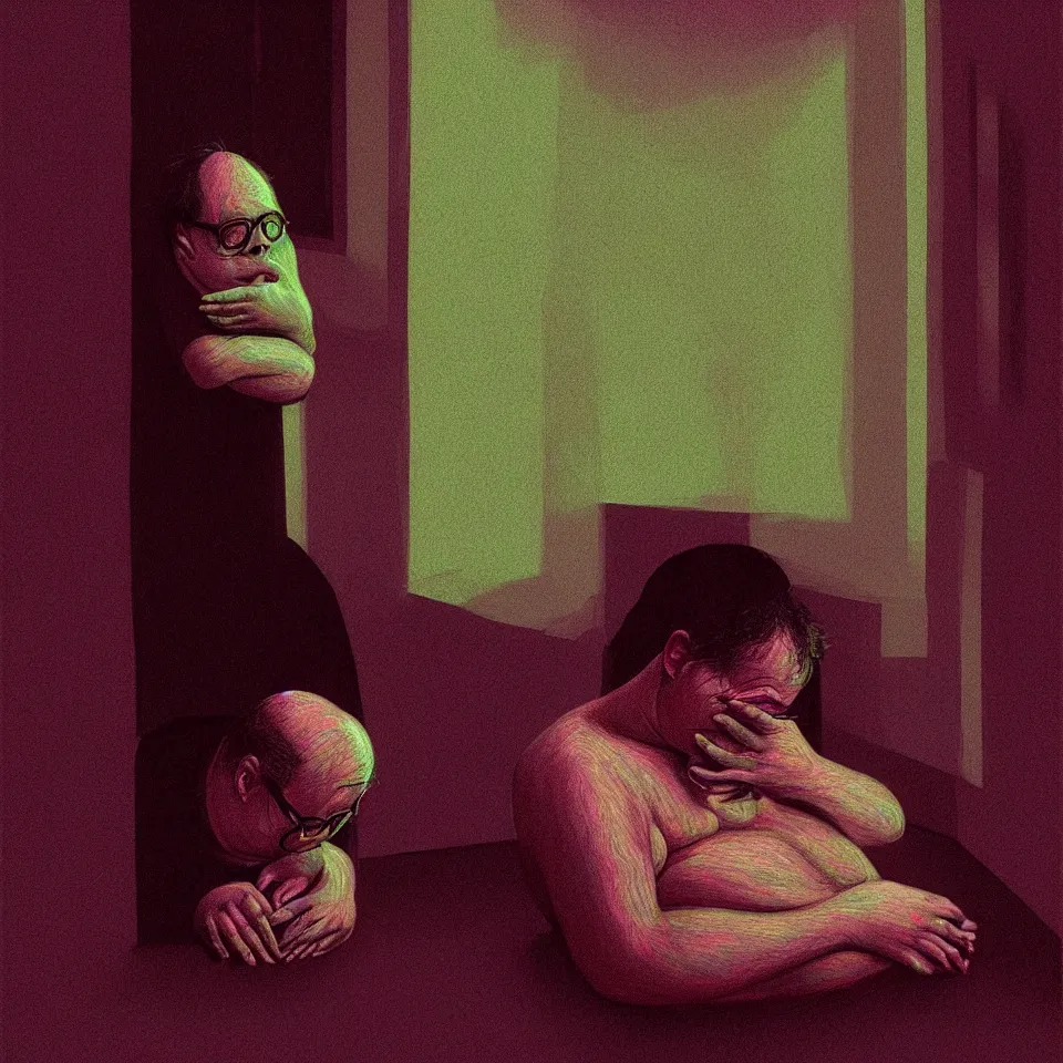 Image similar to sad and lonely psychedelic todd solondz crying alone in an empty appartment, diffuse lighting, fantasy, intricate, elegant, highly detailed, lifelike, photorealistic, digital painting, artstation, illustration, concept art, smooth, sharp focus, art by francis bacon