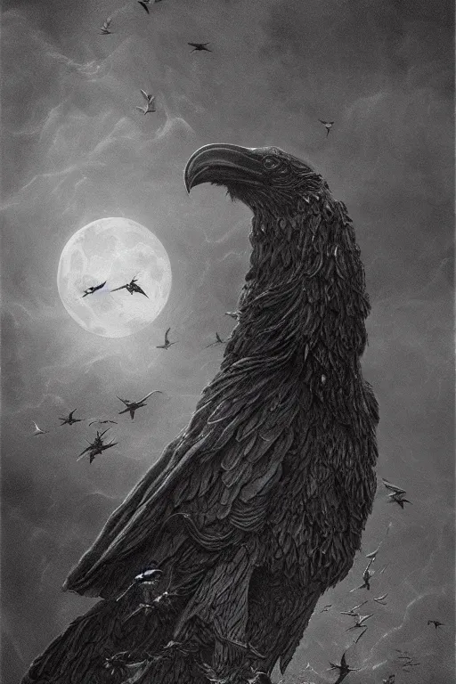 Image similar to Intricate stunning highly detailed surreal ravens by agostino arrivabene and Seb McKinnon, sculpture, ultra realistic, Horror vacui, full moon, thick swirling smoke tornado, fire embers, trending on artstation