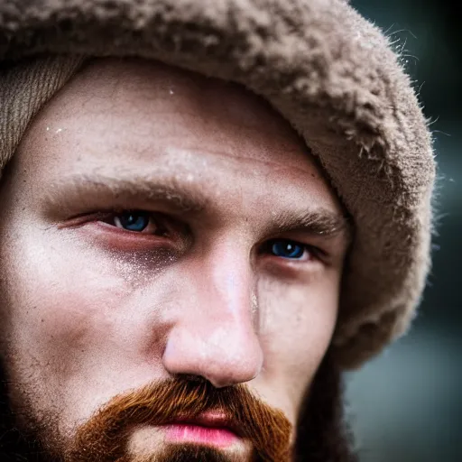 Image similar to minimalist photography portrait of a germanic pagan man, sad, tear, early middle ages, super close up, mid thirties, cute round slanted eyes, caucasian, wide nostrils, high cheekbones, full cheeks, leica 1 0 0 mm f 0. 8